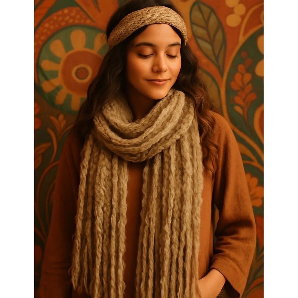 Alfani Taupe Textured Fringe Wool Knit Scarf‎
